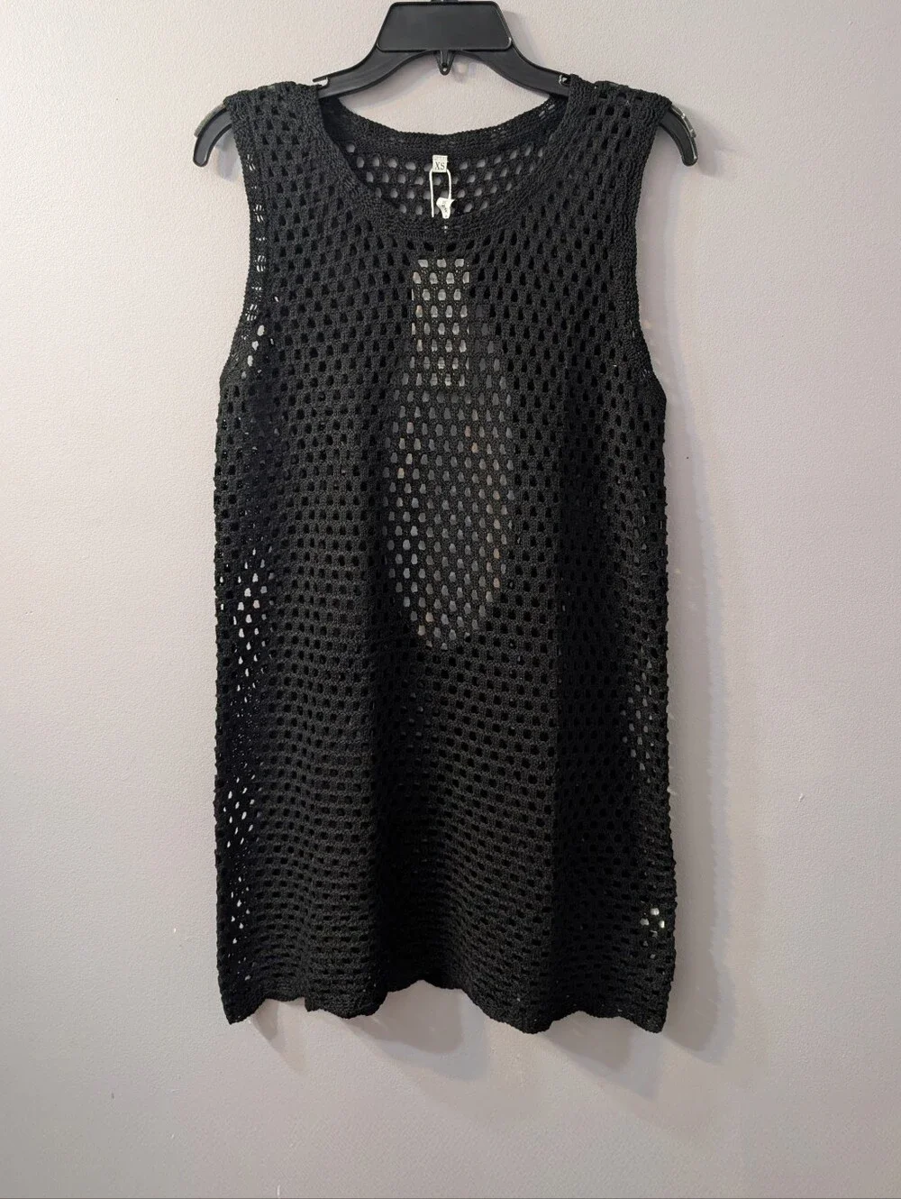 New Style Mini Black Sleeveless Crochet Open Back Beach Swimsuit CoverUp- Sz Xs